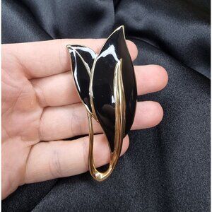 Vintage 1960s TRIFARI Signed Black & Gold Leaf Brooch Pin